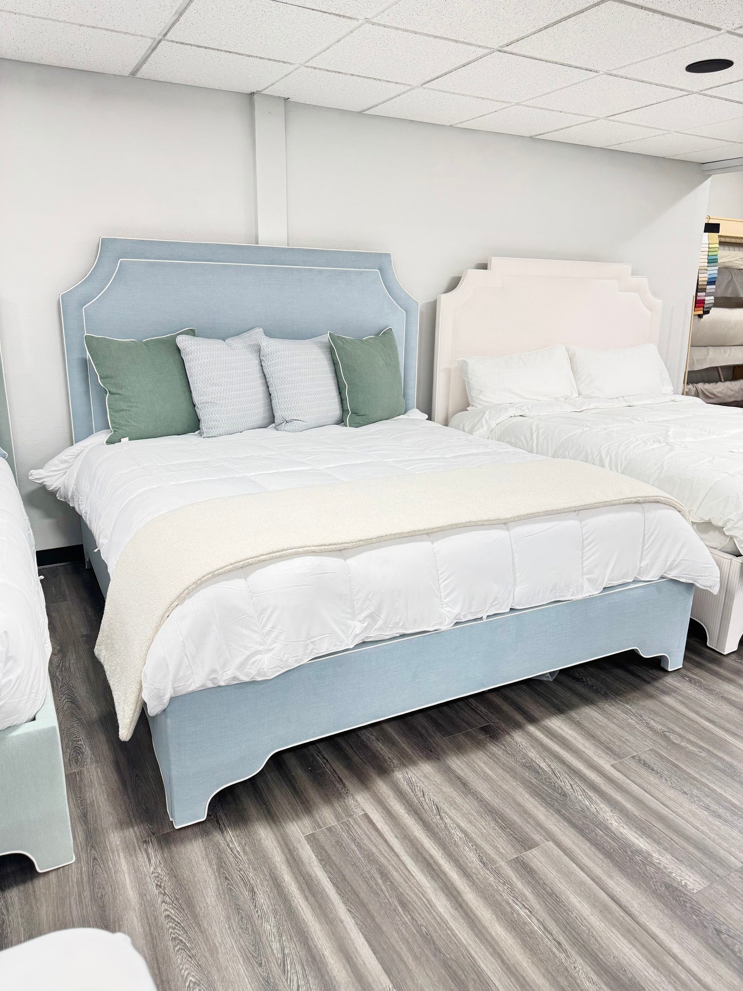 The Addison King Platform Bed - Scalloped Legs - Sky Blue Woven Fabric with White Trim