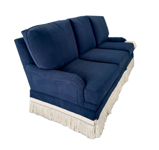 84"L Sofa in Performance Navy Velvet with Bullion Fringe