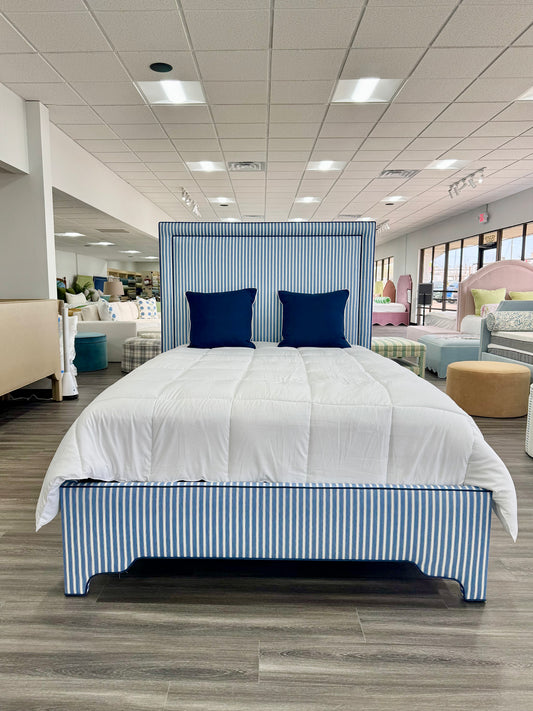 65”H Queen Upholstered Platform Bed - Schumacher Striped Fabric - Navy Trim