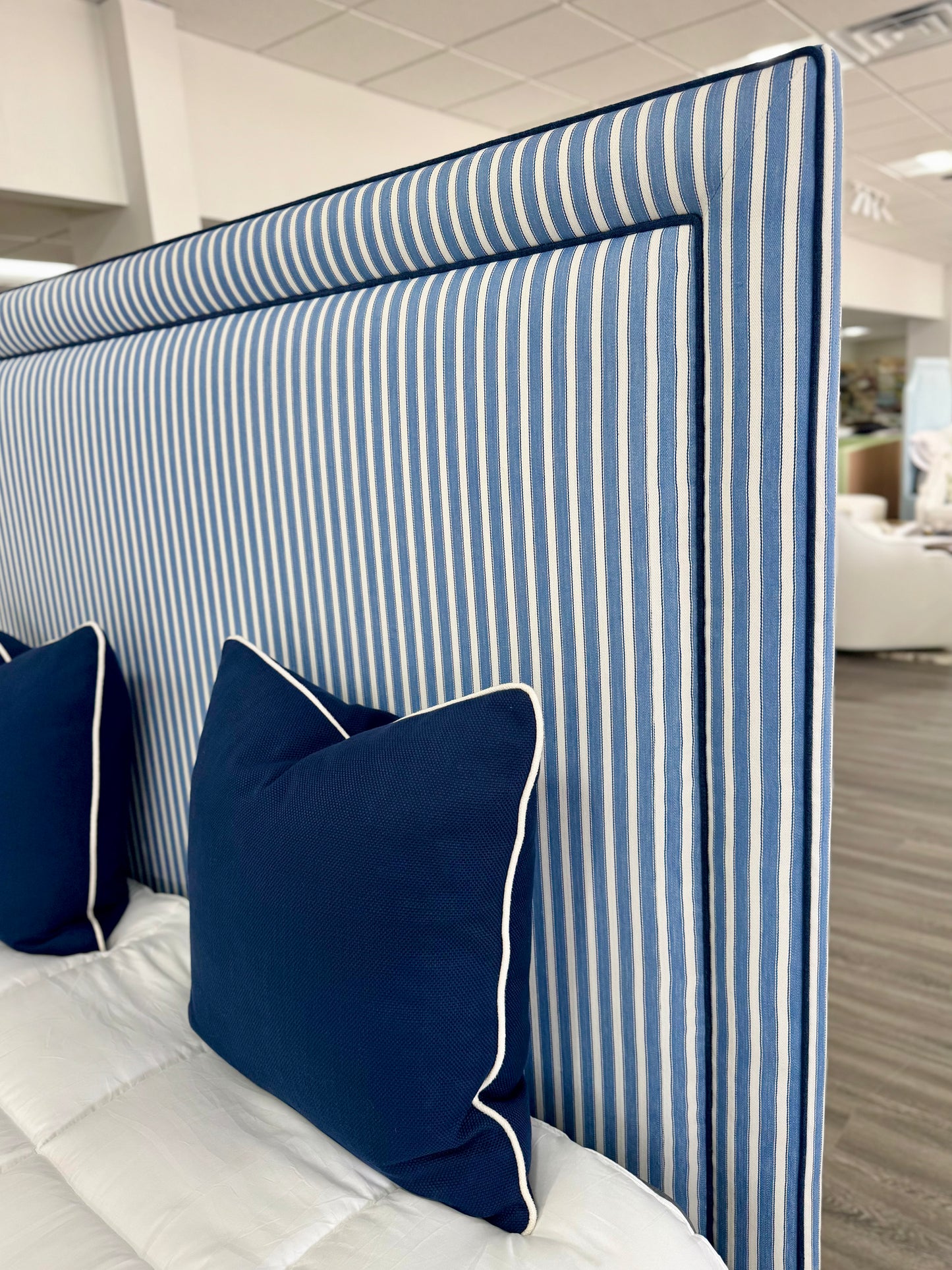 The Jacob Queen Bed - Schumacher Striped Fabric - Navy Trim