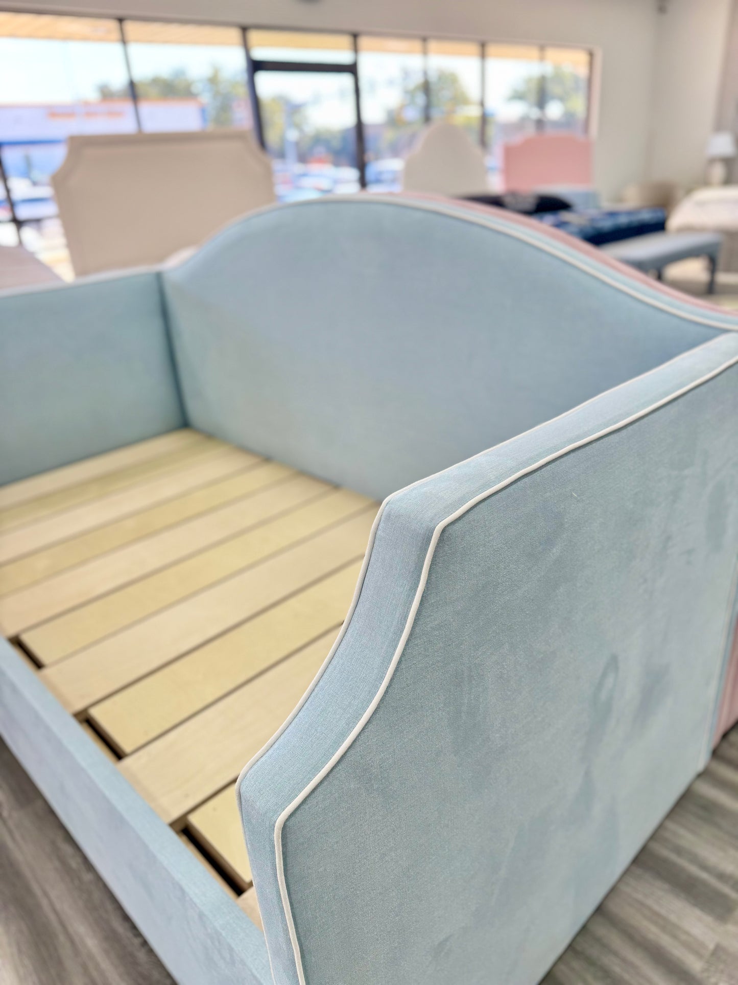 The Lilliane Twin to King Trundle Daybed - Sky Blue Woven Fabric - White Trim