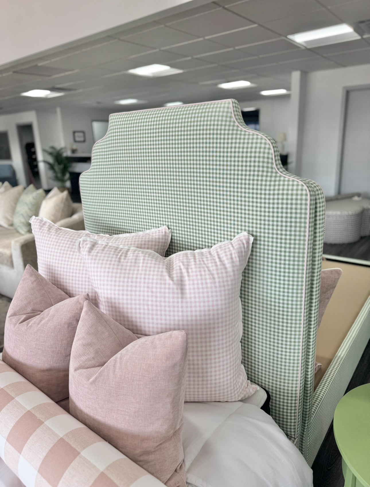 The Helena Twin Bed - Sage Green Gingham Fabric - Pink Trim