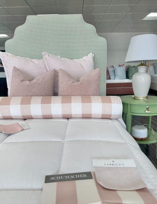 The Helena Twin Bed - Sage Green Gingham Fabric - Pink Trim