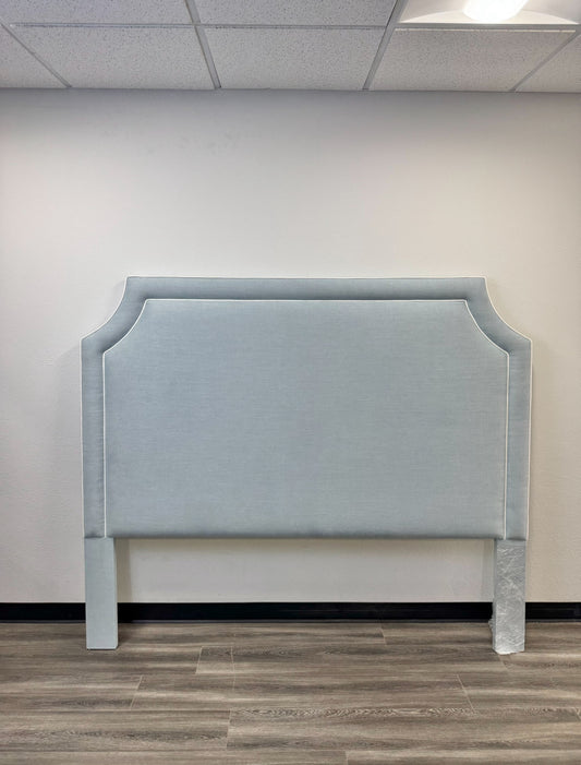 65"H King Headboard in Sky Blue Woven Fabric - White Trim