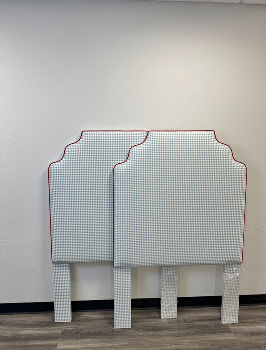 60” H Twin Headboard in Blue Gingham Fabric - Red Trim