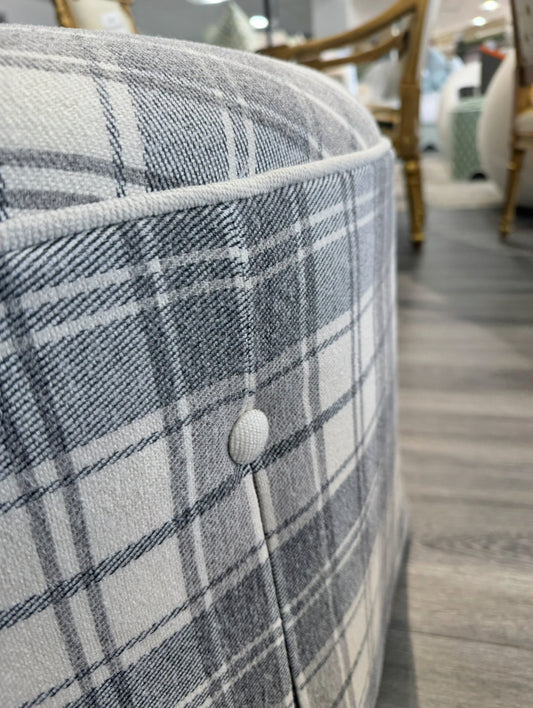 32" Round Skirted Ottoman in Gray Plaid Upholstery Fabric