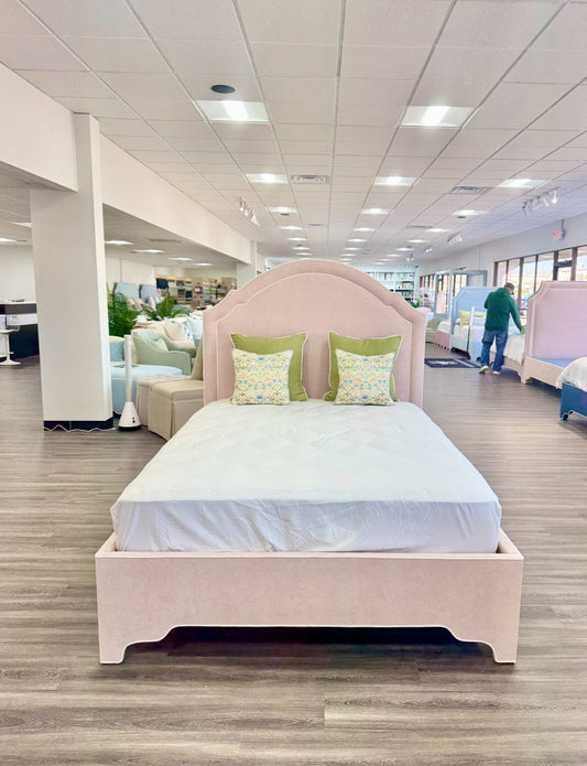 60" H Queen Upholstered Platform Bed - Pale Pink Chenille Fabric with White Trim