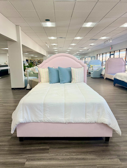 65”H Queen Upholstered Platform Bed - Wooden Legs - Powder Pink Woven Fabric with White Pink