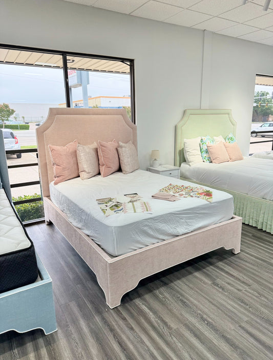 The Addison Queen Bed - Scalloped Legs - Pink Performance Chenille Fabric - White Trim