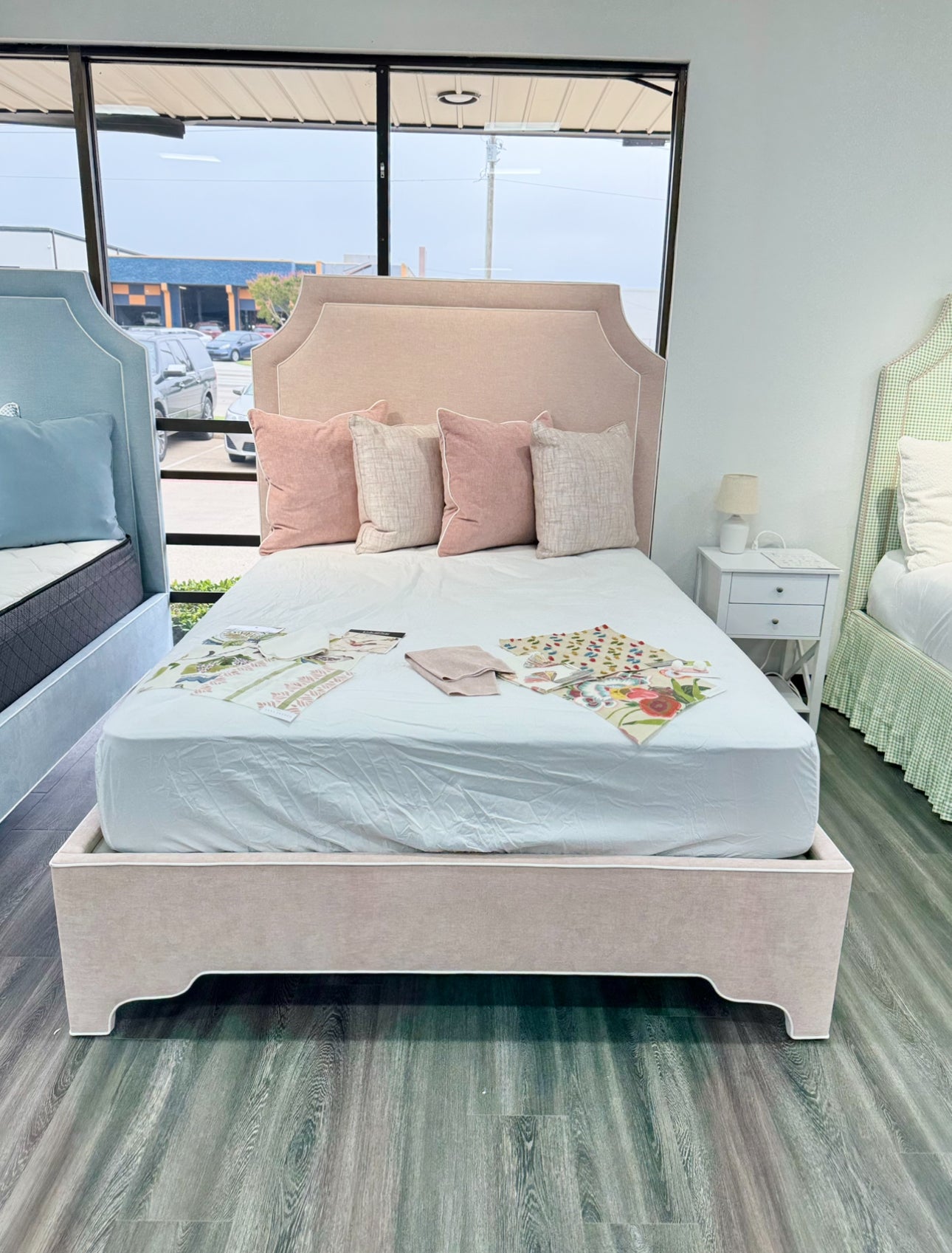 The Addison Queen Bed - Scalloped Legs - Pink Performance Chenille Fabric - White Trim