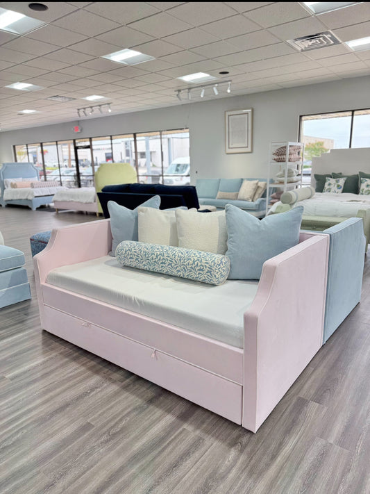 Twin Trundle Daybed - Powder Pink Woven - White Trim