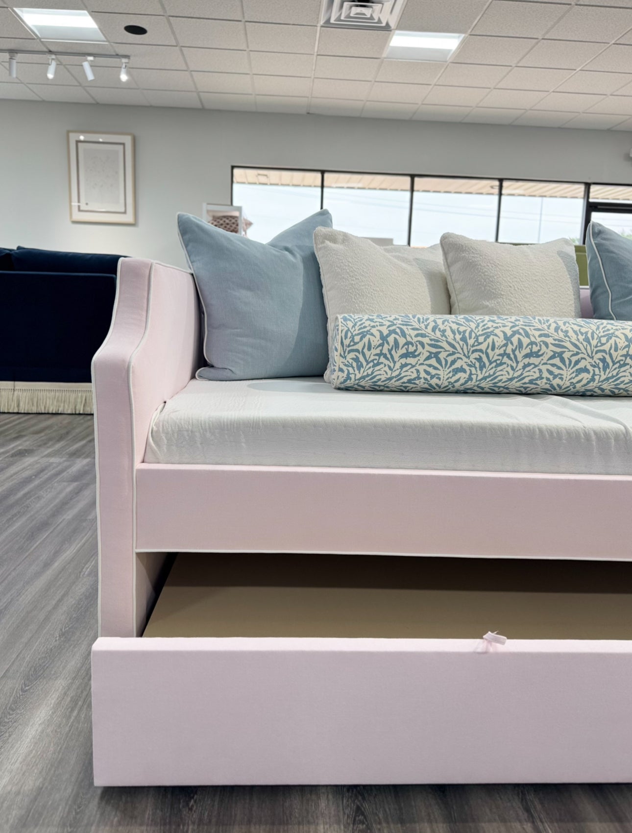 The Addison Twin Trundle Daybed - Powder Pink Woven - White Trim