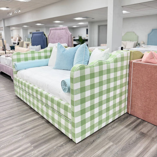 Twin Trundle Daybed - Scalloped - Buffalo Sage Green Checkered Fabric with White Trim