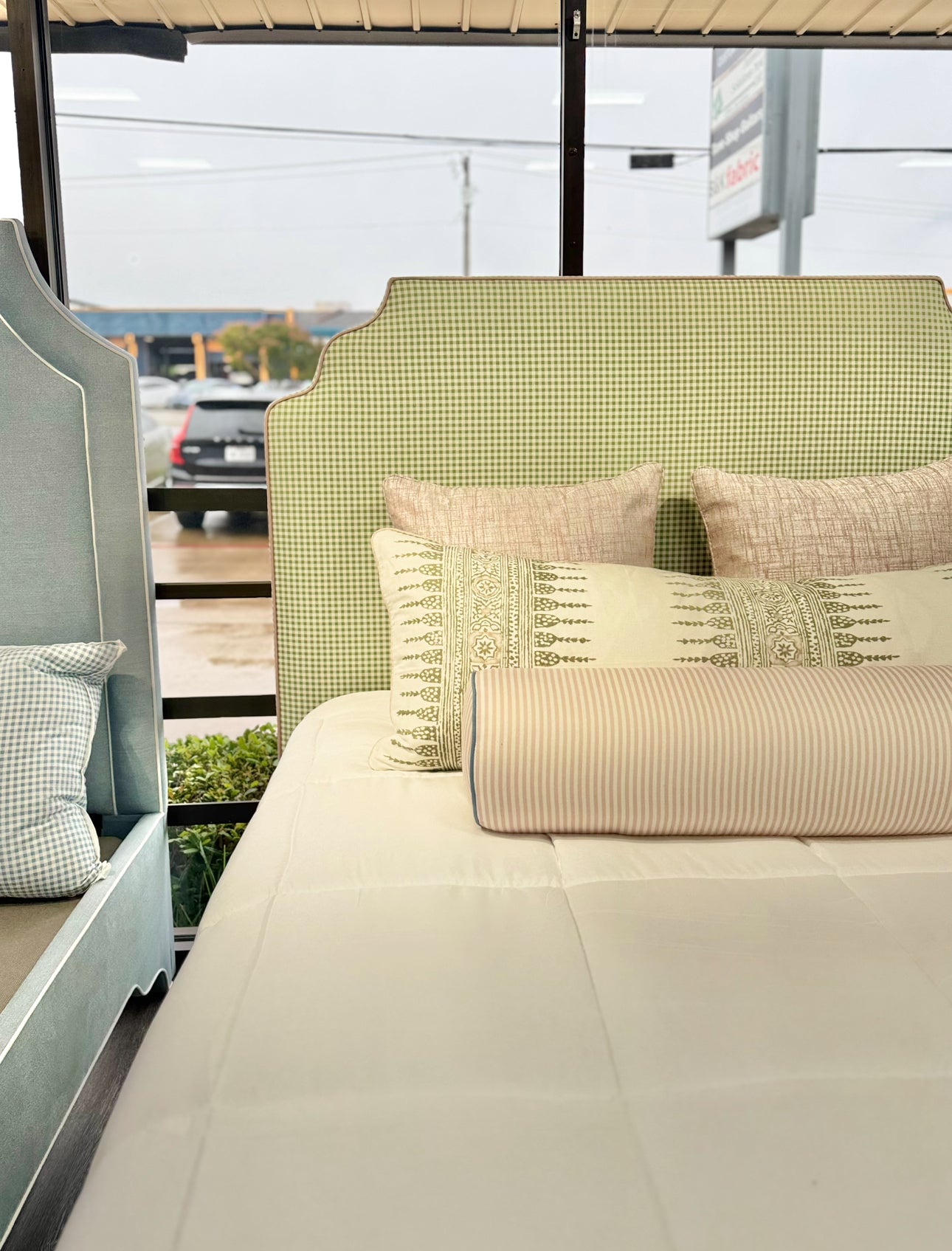 The Helena Queen Bed - Scalloped Base - Sage Green Gingham Fabric - Pink Trim