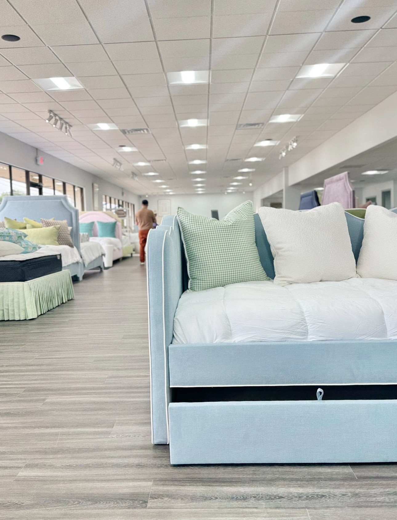 The Waverly Twin Trundle Daybed - Sky Blue Woven Fabric - White Trim