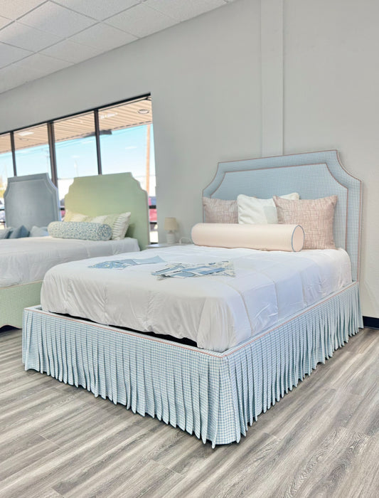 65" H Skirted Platform Base Queen Bed - Blue Gingham Fabric - Blush Pink Trim