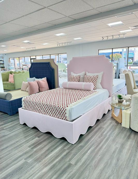 65" H Queen Upholstered Platform Bed - Scalloped Base - Powder Pink Woven Fabric with White Trim