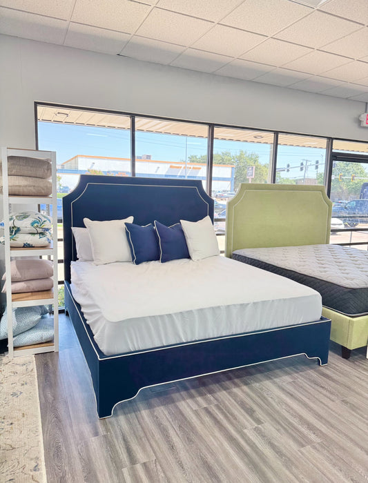 65"H King Upholstered Platform Bed - Scalloped Legs - Navy Woven Fabric with White Trim