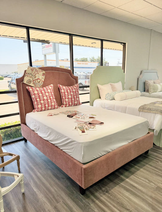 65"H Queen Upholstered Platform Bed - Brown Wooden Legs- Petal Pink Chenille Fabric with White Trim