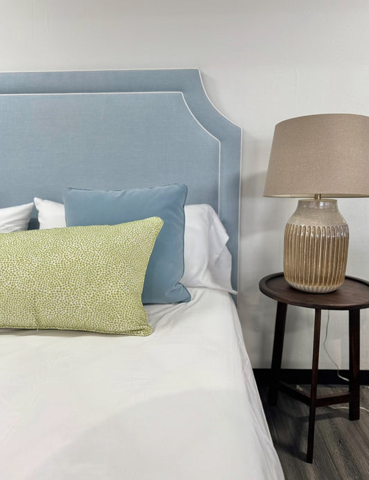 65"H King Headboard in Sky Blue Woven Fabric - White Trim