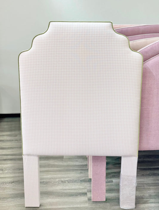 65" H Twin Headboard in Light Pink Gingham Fabric - Green Trim