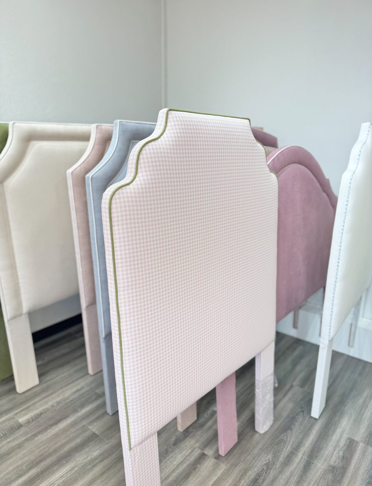 The Helena Twin Headboard - Pink Gingham Fabric - Green Trim