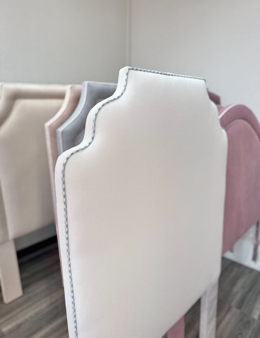 65" H Twin Headboard in White Linen - Blue Gingham Trim