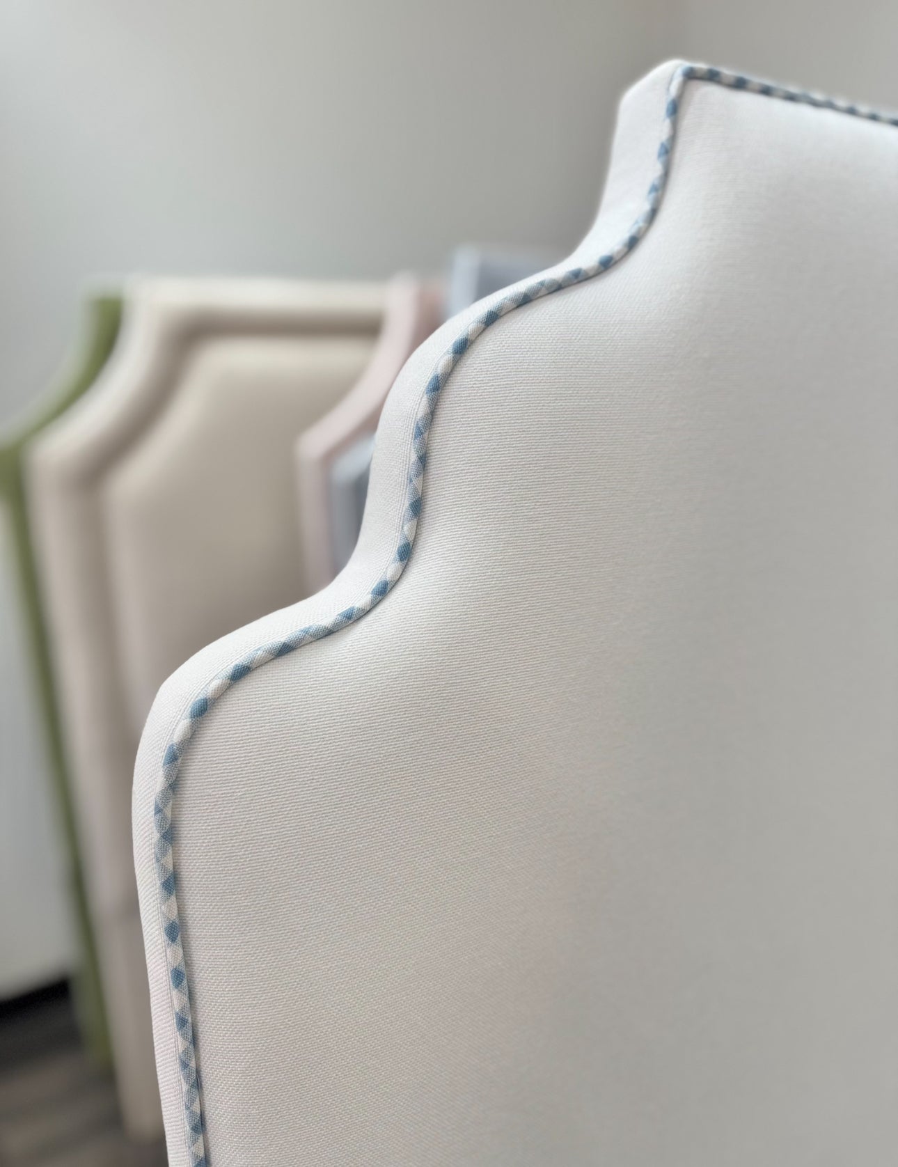 The Helena Twin - White Linen Fabric - Blue Gingham Trim