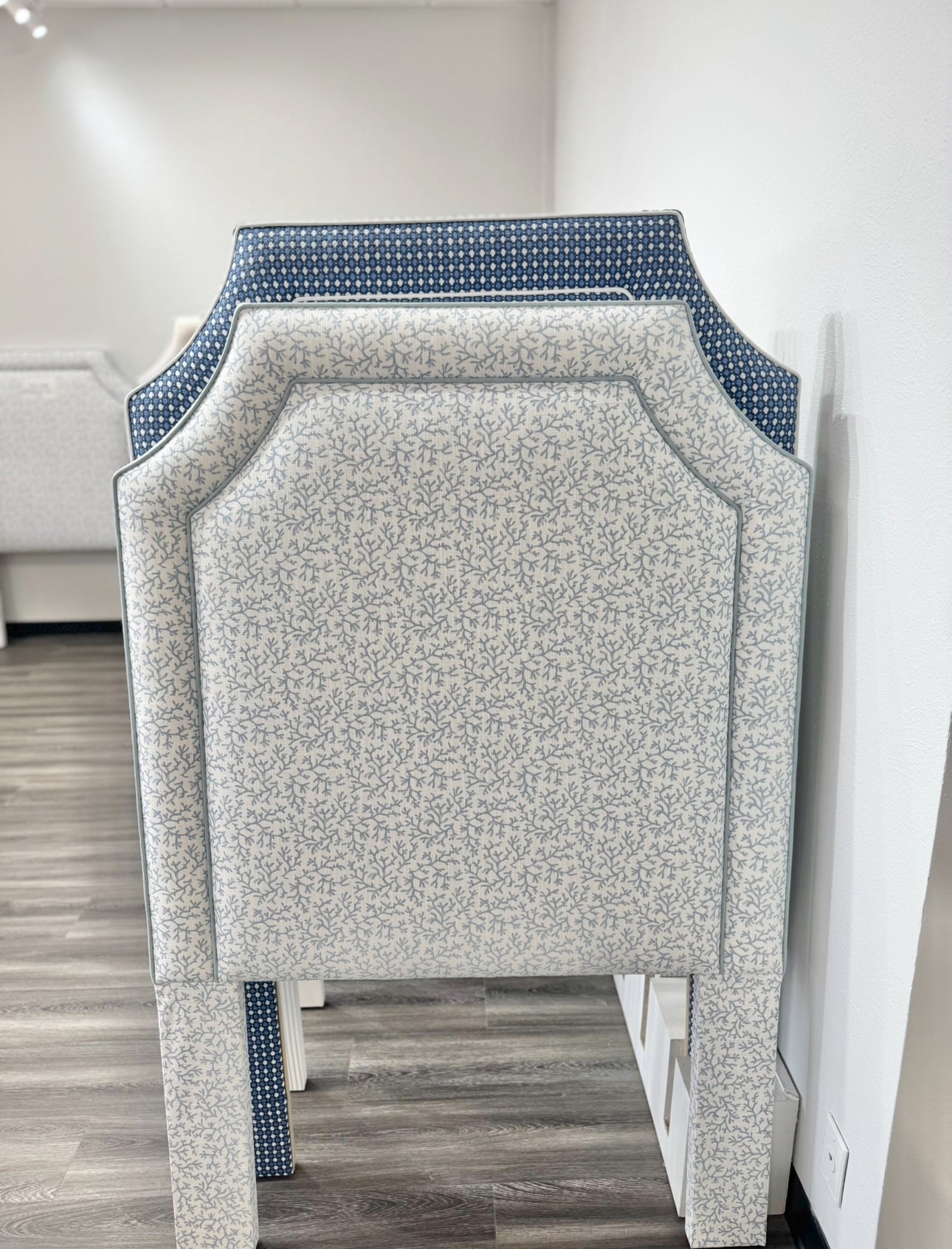 The Addison Twin Headboard - Blue Reef Fabric - Sky Blue Trim
