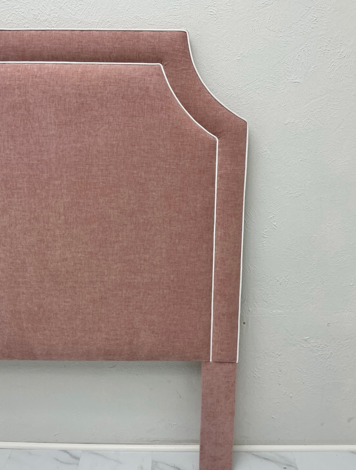 The Addison Queen Headboard - Blush Pink Woven Fabric - White Trim