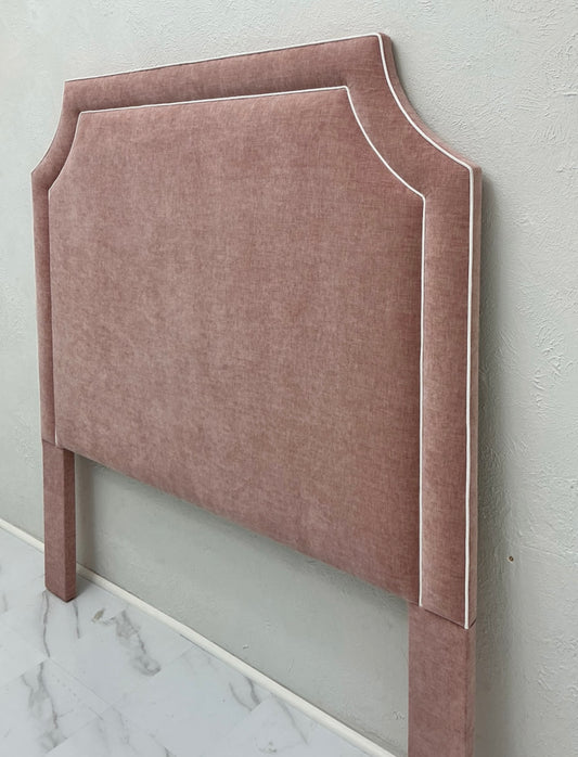 60” H Queen Headboard in Petal Pink Woven Fabric - White Trim