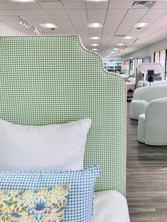 60”H Twin Size Platform Upholstered Bed - Sage Green Gingham Fabric - Pink Pink Trim