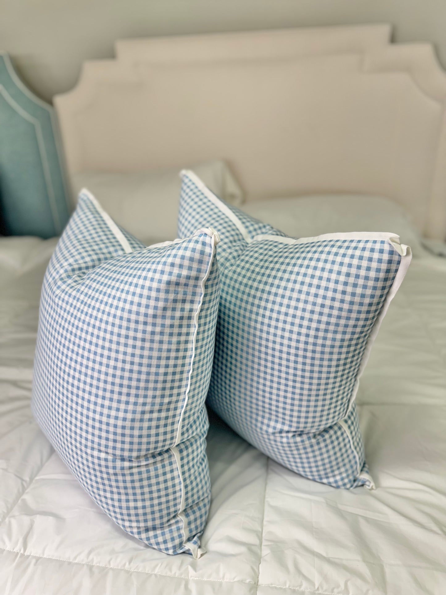 24”x24” Throw Pillow ( Set of 2) - Blue Gingham - Custom Upholstered Accent Pillows