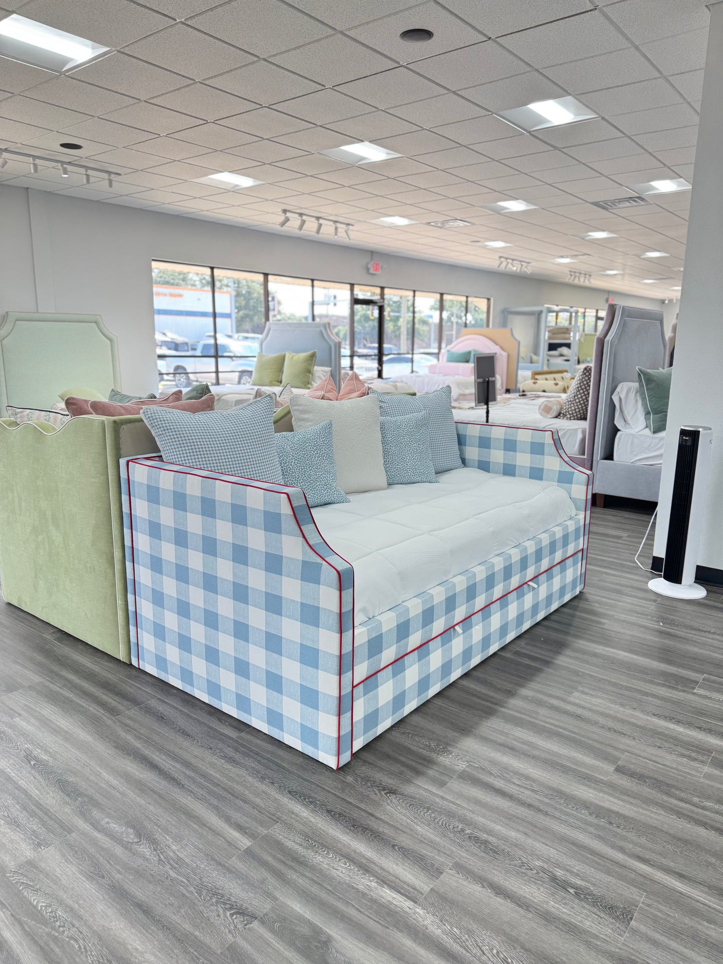 The Addison Twin Trundle Daybed - Buffalo Blue Checkered Fabric - Red Trim