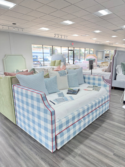Twin Trundle Daybed - Buffalo Blue Checkered Fabric with Red Trim