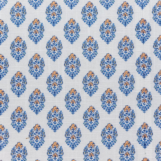 The Waverly Queen Bed - Scalloped Base Island Bloom Fabric - Ocean Blue Trim