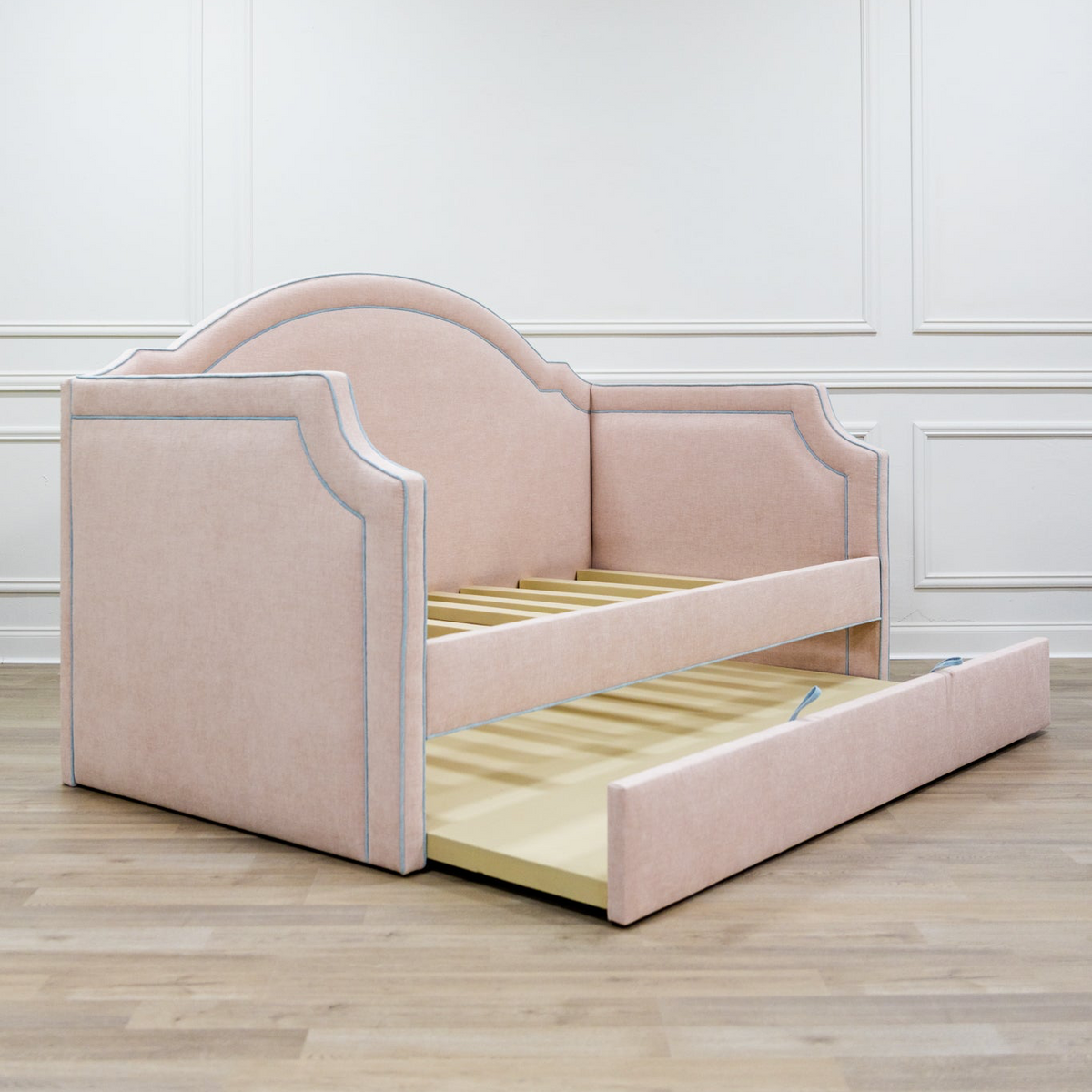 The Grace Twin Trundle Daybed - Pink Performance Chenille Fabric - Seafoam Blue Trim