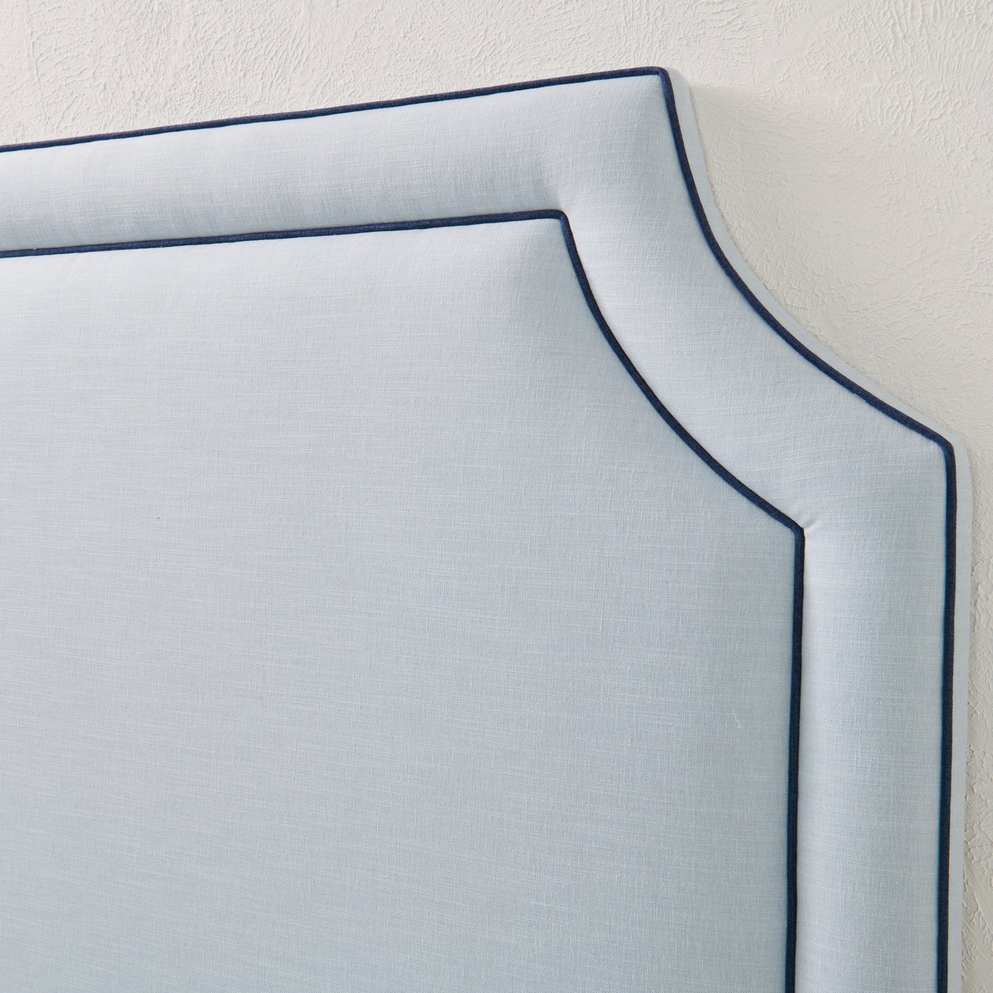 The Addison Queen Headboard - Sky Blue Woven Fabric - Navy Trim