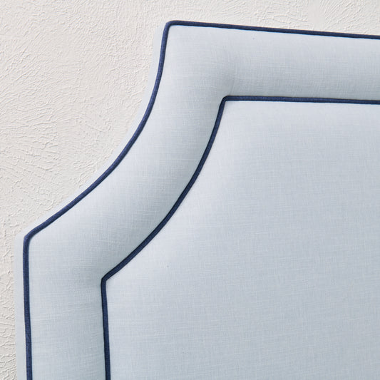 65”H Queen Headboard Only - Sky Blue Woven Fabric - Navy Trim