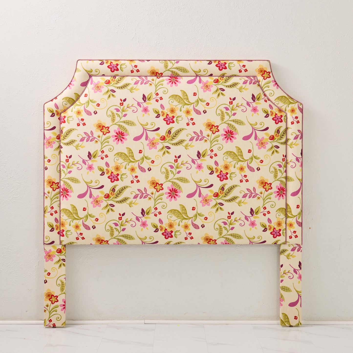 The Addison Queen Headboard - Fabricut Floral Orchid Fabric - Lavender Trim