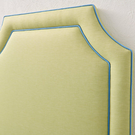 The Addison Twin Headboard - Lime Green Linen Fabric - Blue Trim