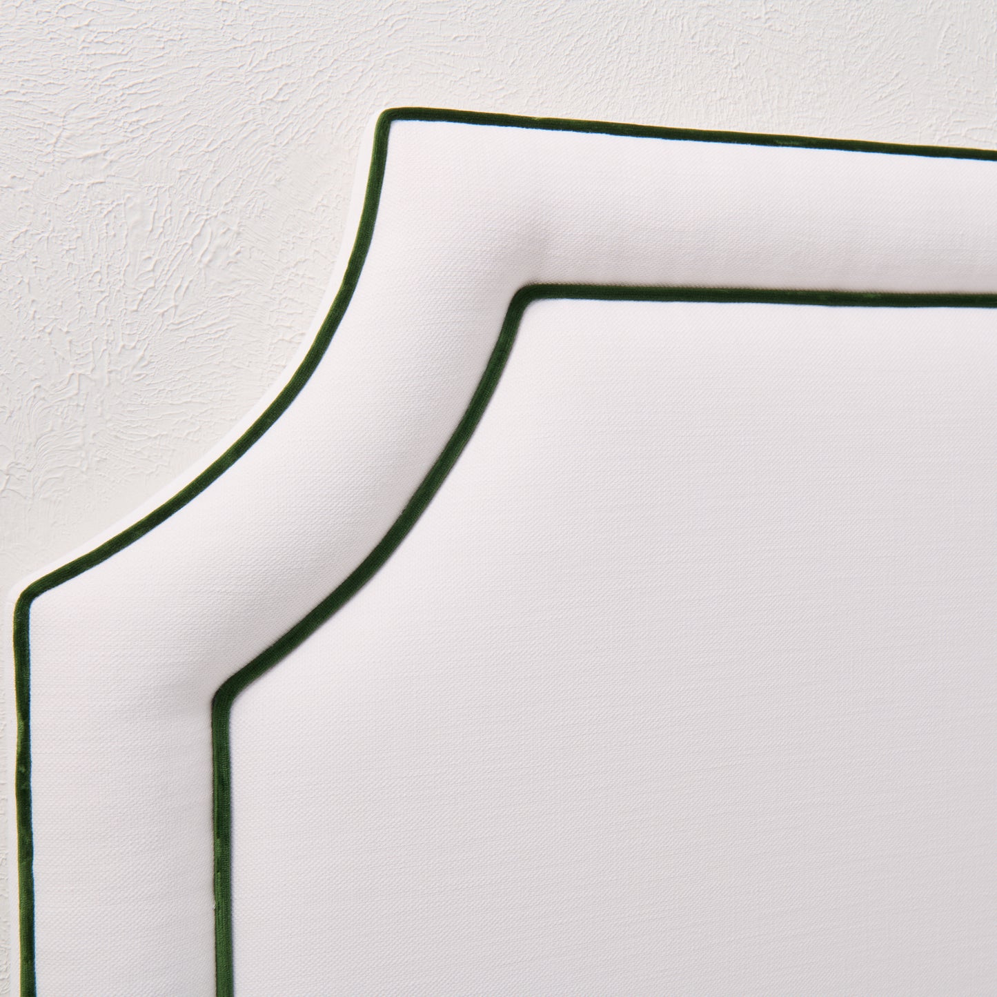 The Addison King Headboard - White Linen Fabric - Green Velvet Trim
