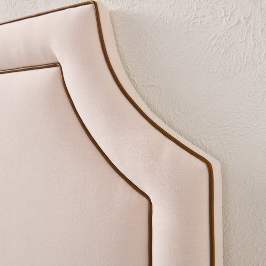 65"H King Headboard in Cream Woven Fabric - Brown Leather Trim