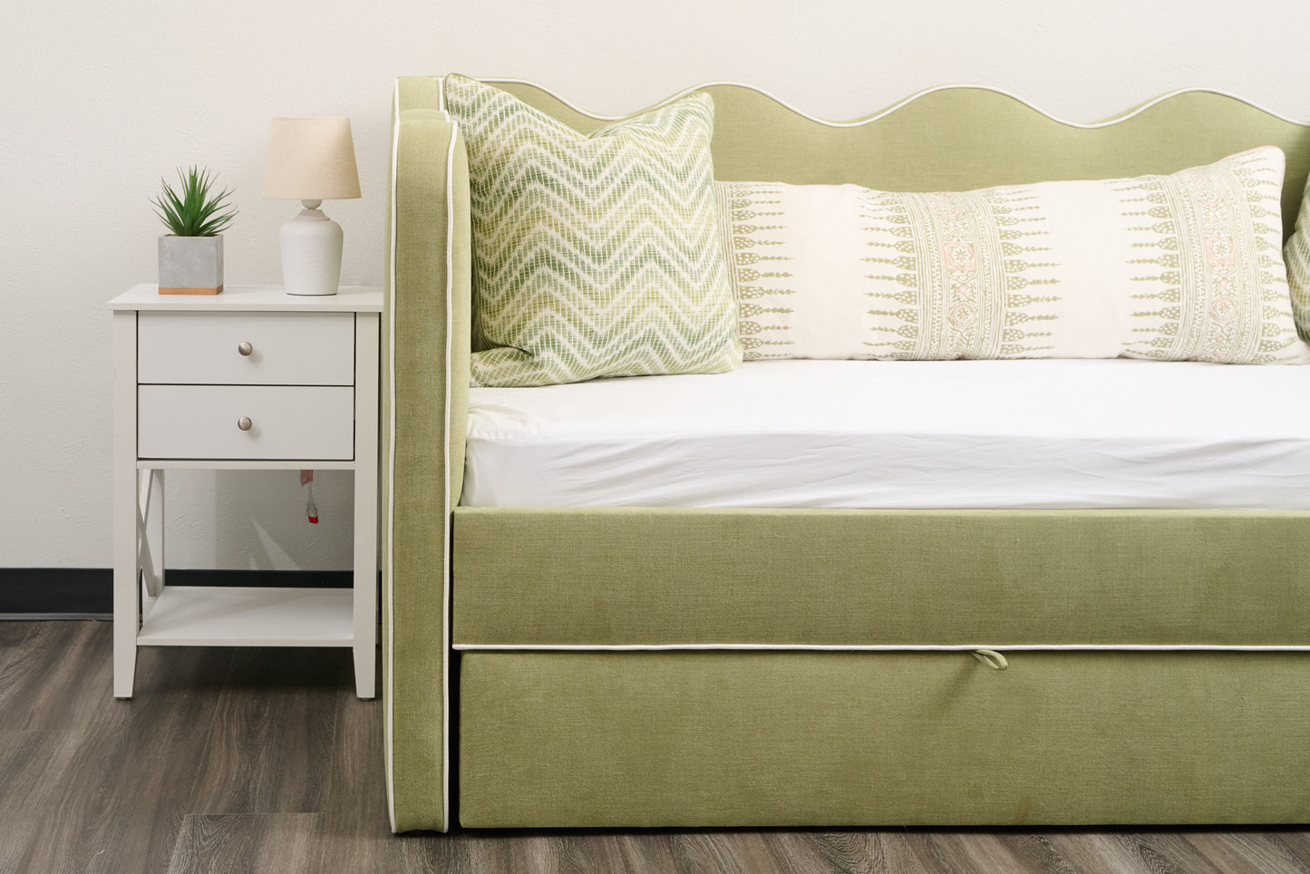 The Waverly Twin Trundle Daybed - Pistachio Green Woven Fabric - White Trim