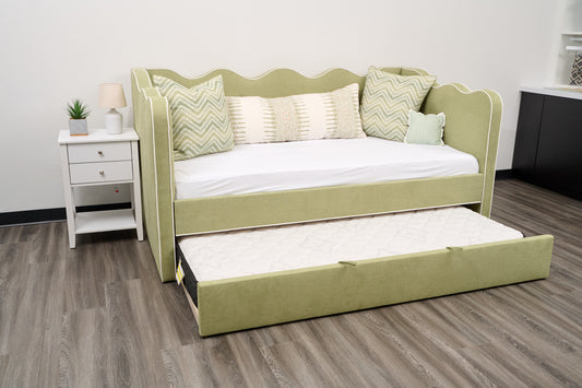 Twin Trundle Daybed - Scalloped - Pistachio Green Woven Fabric with White Trim