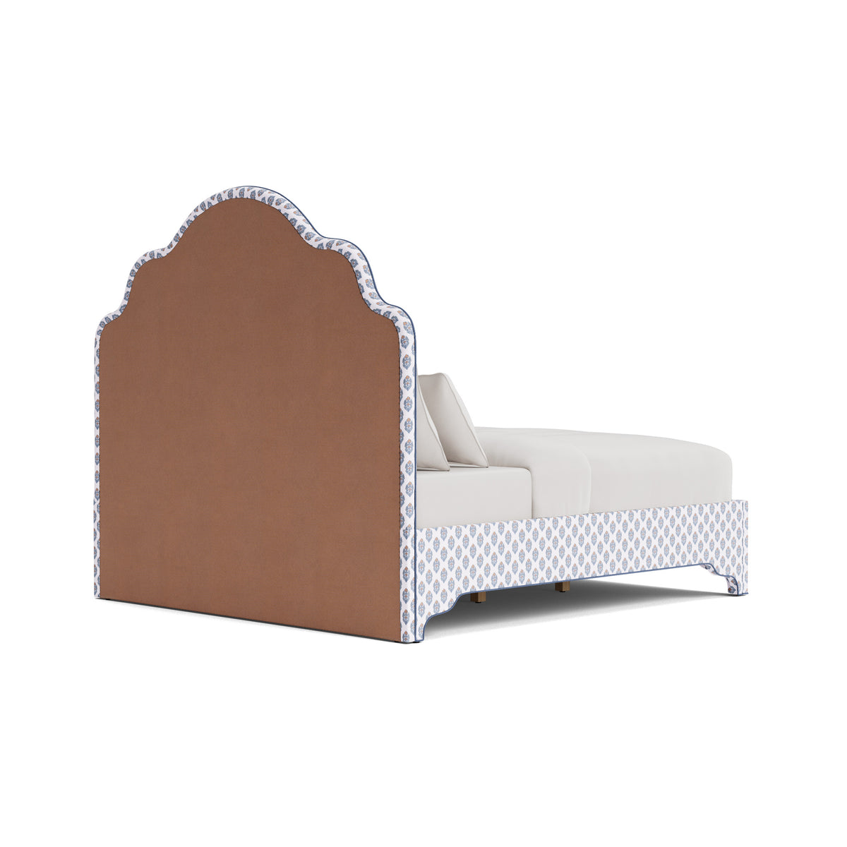 The Rachel King Platform Bed - Scalloped Legs - Island Bloom Fabric - Navy Trim