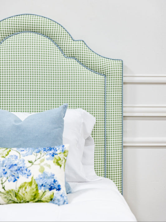 The Grace Twin Bed - Sage Green Gingham Fabric - Sky Blue Trim