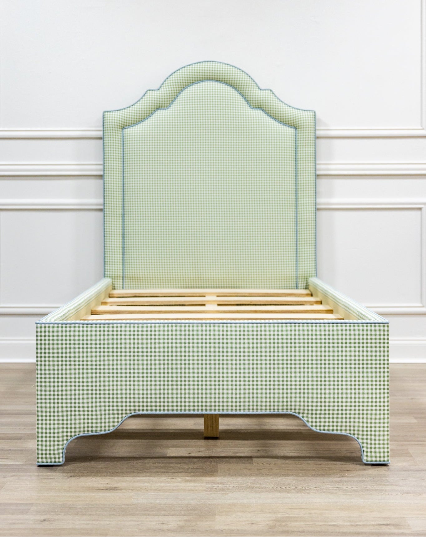 The Grace Twin Bed - Sage Green Gingham Fabric - Sky Blue Trim