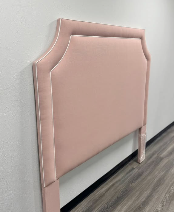 The Addison Queen Headboard - Pink Linen Fabric - White Trim