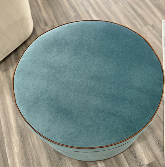 36" Round Ottoman / Coffee Table in Turquoise Mohair Fabric - Brown Leather Trim